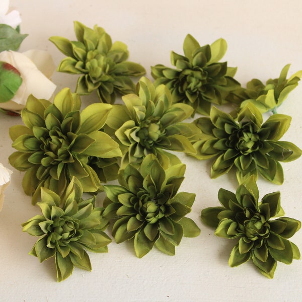 Lot of Silk Faux Flowers, Ten Apple Green Dahlia Florals, Millinery Crafting