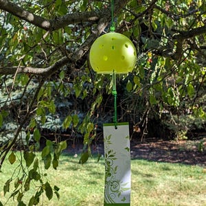 Pu&ograve; includere: Una campanella eolica verde lime con una parte superiore sferica e una parte inferiore rettangolare. La parte superiore ha diversi piccoli fori. La parte inferiore ha uno sfondo bianco con disegni floreali e farfalle verdi. La campanella &egrave; appesa a una corda verde in un albero.