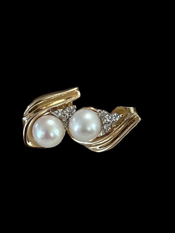 Vintage Signed AJ 14K Gold Pearl and Diamond Earr… - image 10