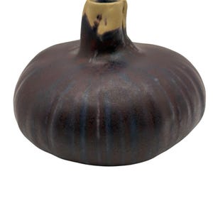 Pode incluir: Um vaso de cerâmica artesanal com um corpo bulboso castanho escuro e um pescoço curto e cilíndrico. O pescoço é de cor bege claro, contrastando com o corpo mais escuro. O vaso tem uma superfície texturizada e uma forma orgânica única.