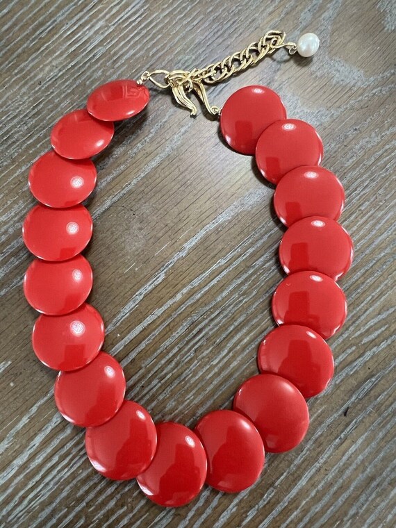Vintage Retro Red Lucite Disc Necklace with Faux … - image 5