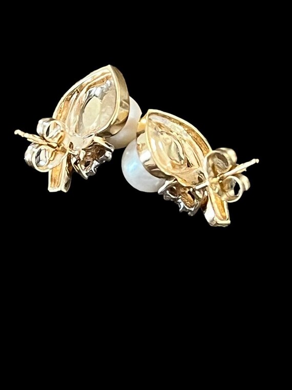 Vintage Signed AJ 14K Gold Pearl and Diamond Earr… - image 9