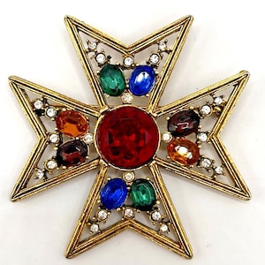 Vintage Jewel Tone Rhinestone Maltese Cross Brooch Pin
