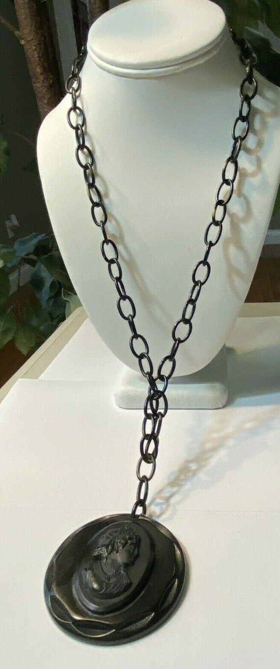Vintage Black Celluloid Cameo Necklace Black Torto