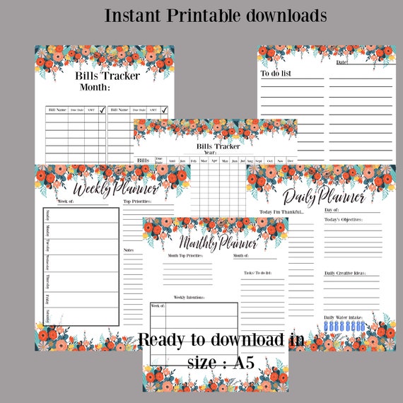 planner bundle printable notes pdf flower list print etsy