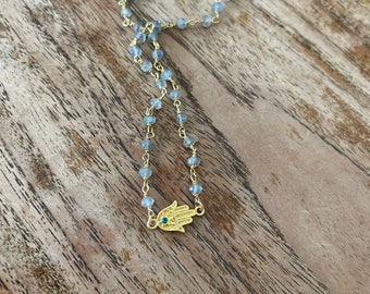 16" Beaded Labradorite Chain With Gold Filled Hamsa