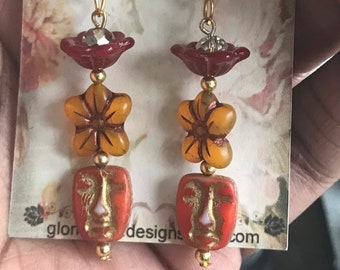 Fantasy Face Earrings, Czech Glass Dangle Face Earrings, Red Flower Earrings, Tribal Face Earrings, Gift for Her