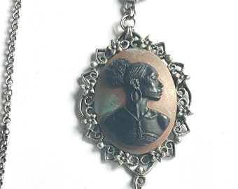 Rare African American Lady Cameo Necklace, Black Lady Cameo, Pewter Cameo Pendant, Trending Now