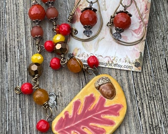 Large Red and Orange Ceramic Leaf Necklace And Wired Earrings, Handmade Artisan Leaf Necklace, Every Day One Of A Kind Necklace,Gift