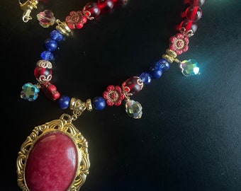 Chunky Boho Bead Me Red Jade and Lapis Necklace,22KT Gold Dipped Gemstone Necklace, Sparkle Gift For Her