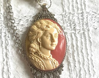 Rare Beaded Cameo Necklace Pink And Ivory, Agate Beaded Lady Cameo Necklace, Gift For Mother, Daughter,