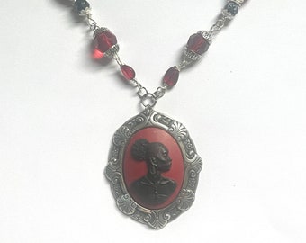 Rare Long Red Black Lady Cameo Necklace in Fine Silver Plated Brass, Ethnic Cameo,Beaded African American Lady Cameo Necklace, Gift For Her,