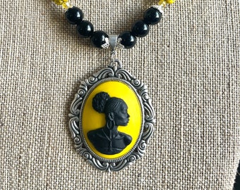 Large Black Lady Cameo Beaded Necklace Set In Onyx And Czech Glass, Gift For Her, Daughter, Mother
