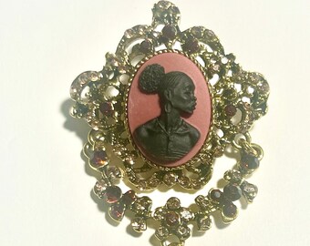 Black Lady Cameo Brooch, Sparkling Cameo Brooch, Rhinestone Cameo Brooch, Trending Now