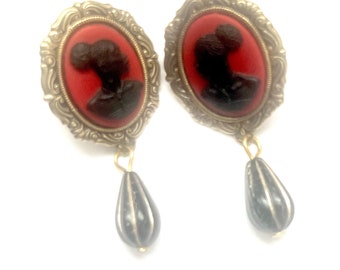 Cameo Post Earrings, Red Black Lady Cameo Earrings, Rare African Lady Cameo Earrings, Gift Earrings