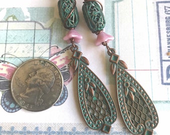 Rare Weathered Copper Pewter Lacy Teardrop Earrings, Pink And Green Aqua Filigree Earrings, Long Boho Gift for Her, Trending Now