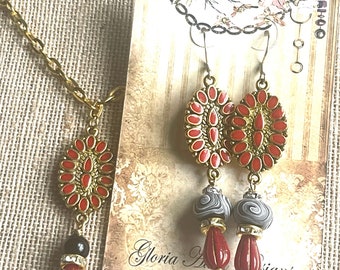 Red Gold And Black Necklace Set, Red Statement Earrings,