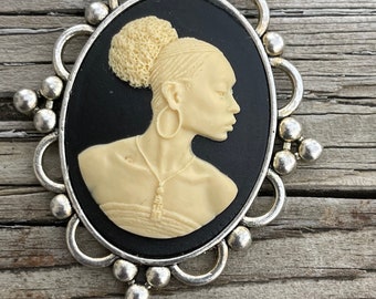 Rare Black Lady Cameo Necklace, Ethnic American Lady Cameo Necklace, Silver Cameo, Gift for Her,