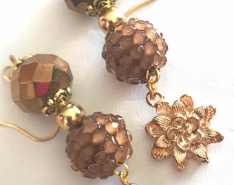 Brown And Gold Dangle Chunky Bead Earrings, Long Sparkly Bead Earrings, Popular Right Now