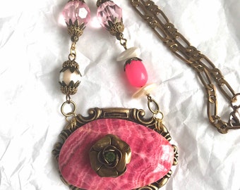 Large Pink Striped Jasper Gemstone Necklace, One of a kind Pink Gemstone Necklace, Brass and Jasper  Necklace