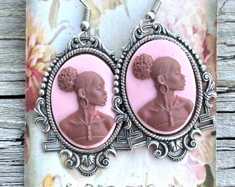 Rare Afrocentric Pink Cameo Earrings, Nubian Queen Earrings,African American Lady Earrings,  Gift