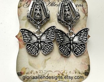 Victorian Style Pewter Studs With Butterflies, Silver Butterfly Earrings,
