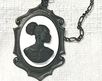 Rare Large Black Lady Brass Cameo In Black, Black Lady Cameo Statement Necklace, Afrocentric Matte Black Cameo Necklace, Gift