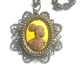 Rare Black Lady Cameo Necklace In Yellow, Brown and Yellow Cameo Pendant, Gift For Her,Mom,