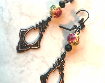 Long Black Dangle Earrings, Art Deco Brass Vintage Style Earrings, Trending Now, Gift
