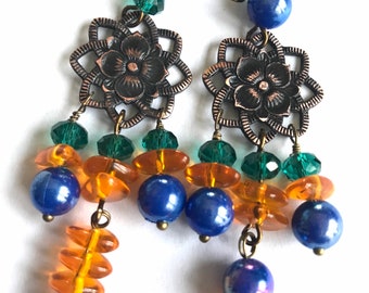 Beaded Chandelier Earrings, Blue Earrings, Orange Dangle Earrings, Boho Chandeliers, Popular Now