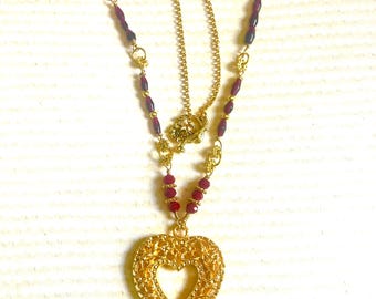 Garnet & Crystal Beaded Heart Necklace: Gold Filigree Pendant