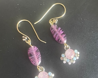 Mixed Metal Vintage Japanese Bead Earrings, Purple Earrings,Amethyst Floral Earrings, Gift
