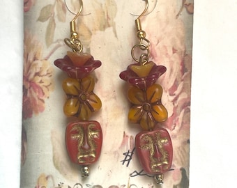 Face Earrings, Fantasy Face Earrings, Czech Glass Dangle Face Earrings, Red Flower Earrings, Tribal Face Earrings, Gift for Her