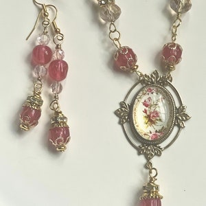 Pink Rose Cameo Necklace Set,Porcelain Rose Cameo Necklace And Earrings, Gift For Her