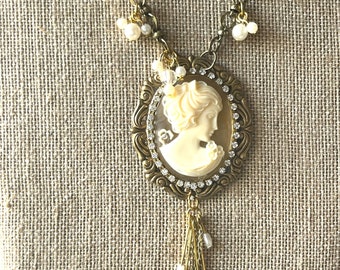 Vintage Boho Cameo Necklace, Handmade Statement Cameo Necklace, Rhinestone Necklace, Gift For Her