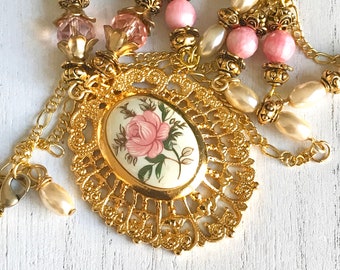 22KT Gold Pink Vintage Floral Cameo Necklace With Glass Pearls and Gemstones with Coordinating Earrings. Gift for Her