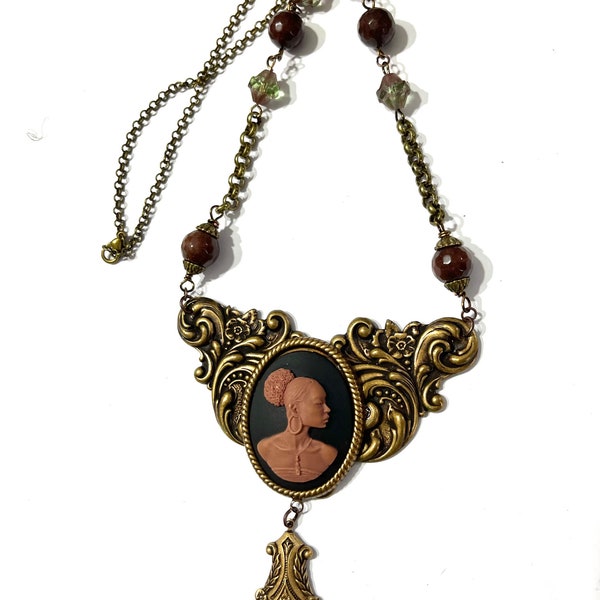 Rare Black Lady Cameo Statement Necklace, Cameo Necklace For Women, Vintage Brass Cameo Lady Necklace, Gift For Her