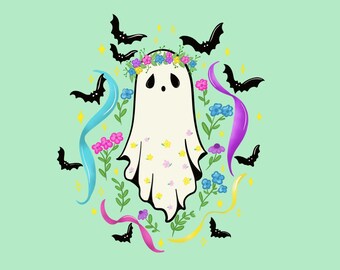 Spring wall decor/Creepy cute art print/ghost wall art/midsummer artwork/May Day celebration art/floral wall art/colorful wall art/Postcard