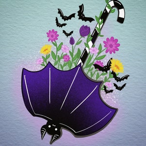 May include: A purple bat-shaped umbrella with a candy cane handle and a floral arrangement inside. The flowers are pink, yellow, and purple. There are black bats flying around the umbrella.