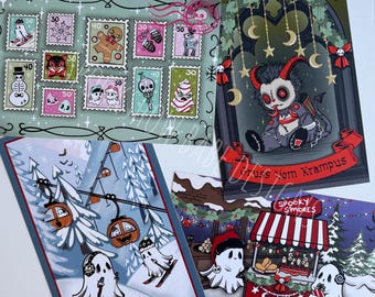 Gifting Set of 4 Gothic Christmas Cards for Creepmas or Krampusnacht to celebrate a unique and spooky Christmas