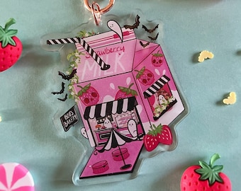 Acrylic Gothic Keychain/Car Accessories/Strawberry Milk Keychain/Pastel Goth Gifts/Key Ring Accessories/Creepy Cute Art/Spooky Gifts