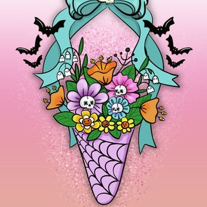 May include: A purple and black cone filled with a bouquet of colourful flowers. The flowers include orange, pink, yellow, and blue flowers with skulls on them. A blue ribbon with a bow and a skull is tied around the top of the cone.