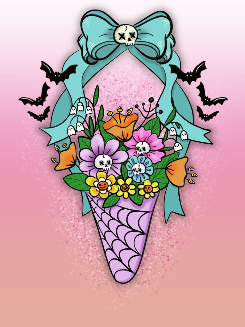 May include: A purple and black cone filled with a bouquet of colourful flowers. The flowers include orange, pink, yellow, and blue flowers with skulls on them. A blue ribbon with a bow and a skull is tied around the top of the cone.