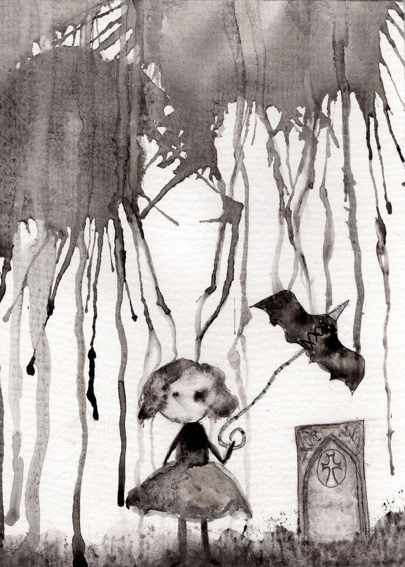 May include: A black and white watercolor illustration of a girl holding a bat-shaped umbrella with the word "XXX" on it. The girl is standing in front of a stone archway with a cross on it. The background is a dark gray splatter pattern.