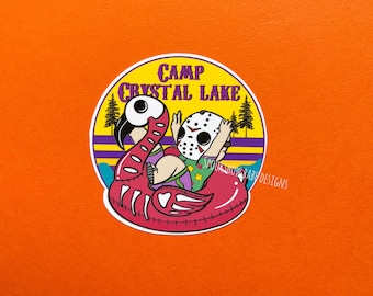 80's horror movie inspired sticker of a creepy cute killer camper in gothic pool float for summerween at camp crystal lake for laptops