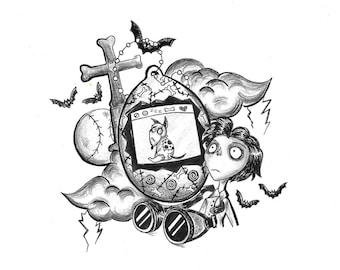 Frankenweenie Fan Art Print/Sparky Fan Art Print/Tim Burton Fan Art/Tamagothi Art/Gothic Art/Creepy Cute Art