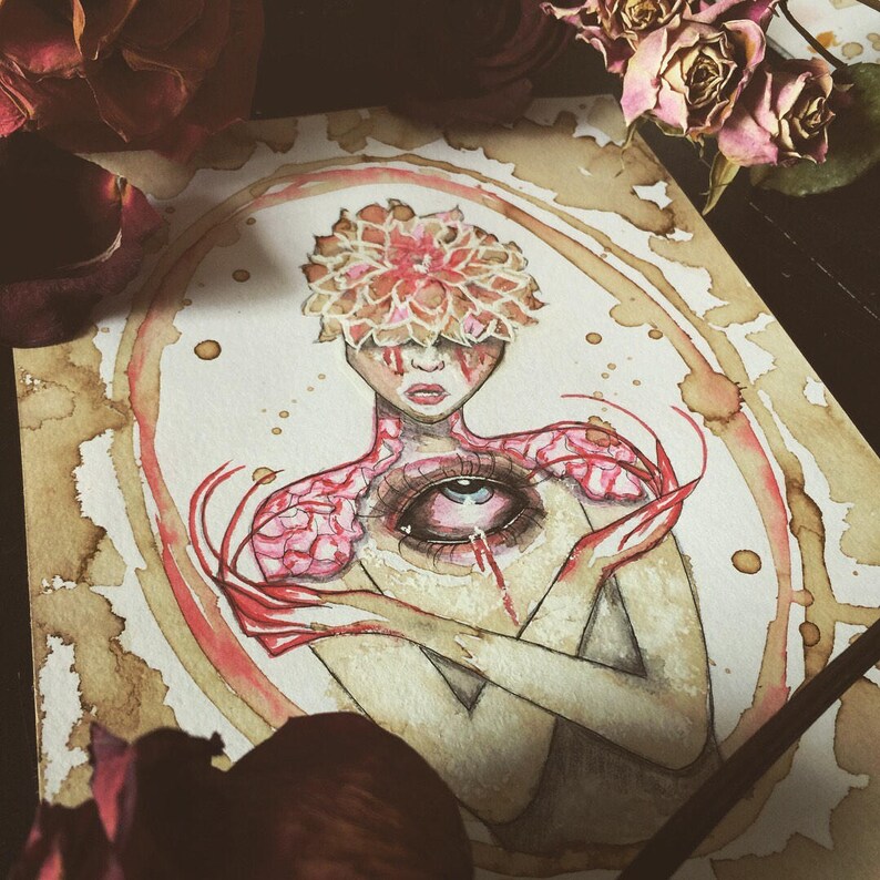 May include: Watercolour painting of a person with a flower crown and an eye for a chest. The person's arms are crossed over their chest and the eye is dripping with blood. The background is a light brown with a ring of darker brown around the person.