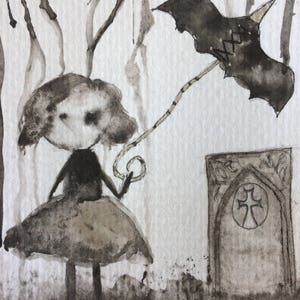 May include: A black and white watercolor painting of a girl holding a bat-shaped umbrella in a forest setting. The girl is wearing a dress and has a large head. The bat umbrella has a stitched pattern on it. There is a stone archway in the background.