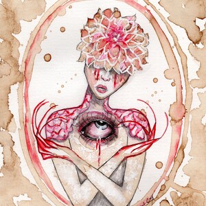 May include: Watercolour painting of a person with a large pink flower on their head. The person has a large eye on their chest with blood dripping from it. The painting is surrounded by a brown coffee stain.