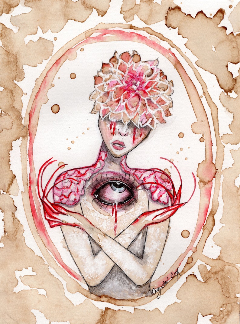 May include: Watercolour painting of a person with a large pink flower on their head. The person has a large eye on their chest with blood dripping from it. The painting is surrounded by a brown coffee stain.